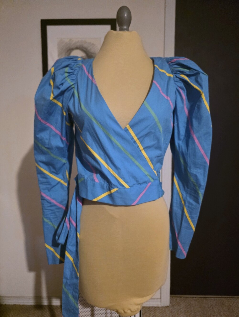 Blue Striped Wrap Crop Top with Puff Sleeves Rotate Birger Christensen Revolve
